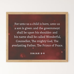 Pour nous un enfant est né écriture imprimable, décor chrétien de Noël, Isaiah 9: 6 Red Wall Art Sign