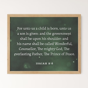 Isaiah 9:6 Wall Hanging Print, Christmas Christian Decor Sign, Green Holiday Wall Art Digital Download, For Unto Us A Child Is Born