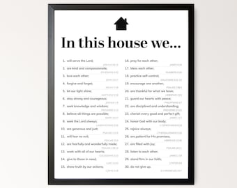 In this house we - Family Rules Sign, Joshua 24:15, huisregels afdrukken, bijbelvers muurkunst, christelijk interieur, digitale download
