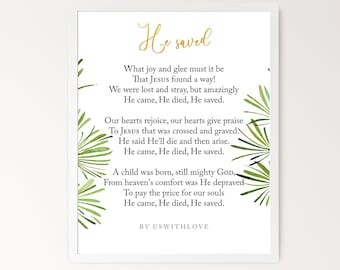 Origineel christelijk kunstwerk gedicht over Pasen, typografie afdrukbare kunst, hij is verrezen paasdecor religieus, digitale moderne paasmuurprint