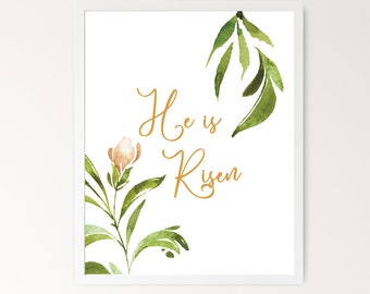 Hij is verrezen Christelijke Pasen Afdrukbaar, Matthew 28:6 Religieus Pasen Lente Decor, Pasen Citaat Print Schrift Wall Art Digitale Download