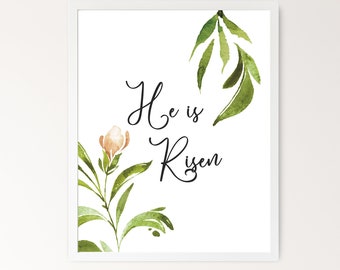 Digitaal bestand - Hij is verrezen afdrukbaar, Matthew 28:6 Schrift Pasen Wall Art, Botanische Moderne Christelijke Paasdecoratie