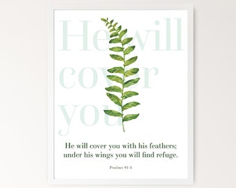 Psalm 91:4 afdrukbare kunst aan de muur, bijbelvers poster artwork, groen christelijke schrift teken, digitale download