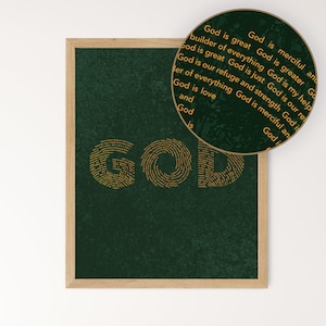 De attributen en namen van God afdrukbare muurkunst, smaragdgroen christelijke schrift muur hangen, unieke gouden woordkunst typografie