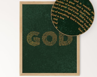 De attributen en namen van God afdrukbare muurkunst, smaragdgroen christelijke schrift muur hangen, unieke gouden woordkunst typografie