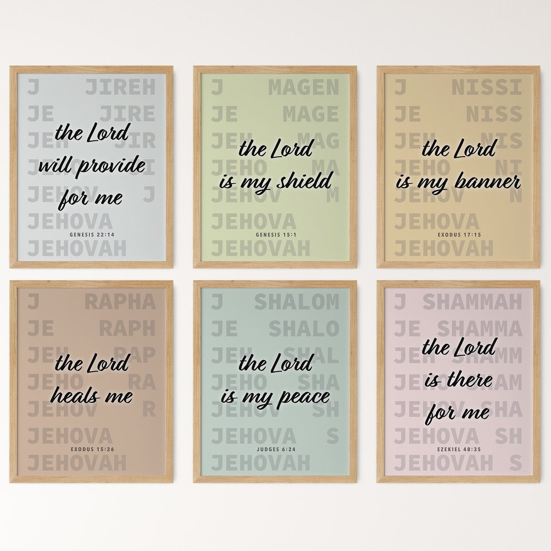Set of 6 Christian Printable Wall Art, Jehovah Jireh Rapha Shalom Shammah Nissi Magen Wall Print ...