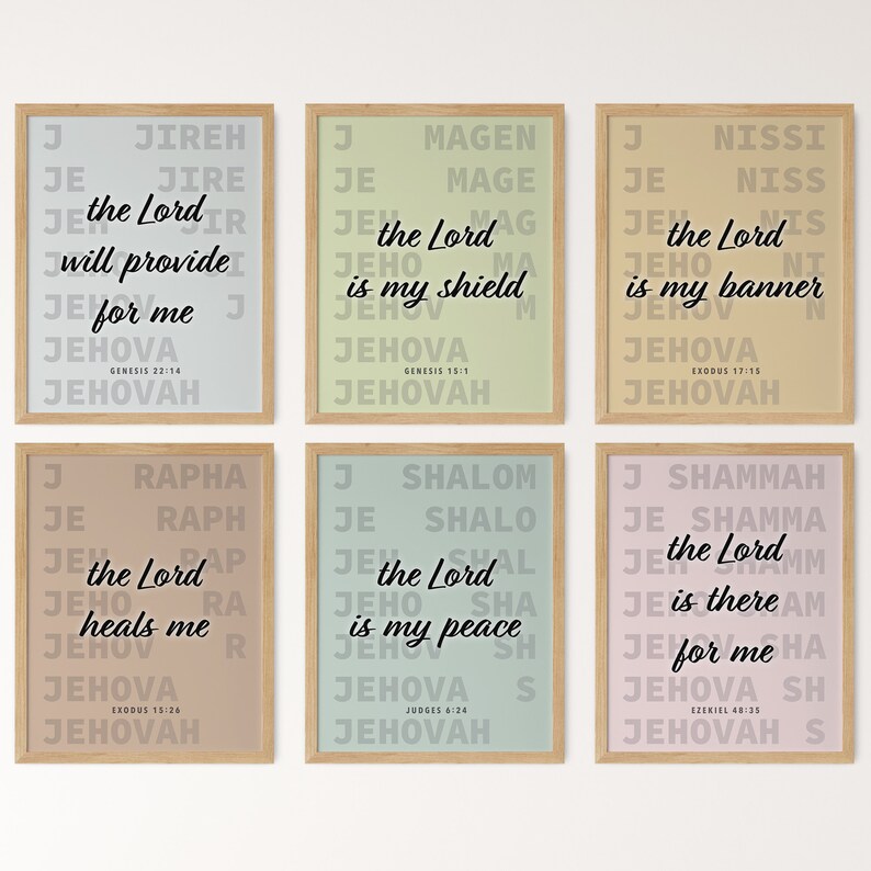 Set of 6 Christian Printable Wall Art, Jehovah Jireh Rapha Shalom Shammah Nissi Magen Wall Print ...