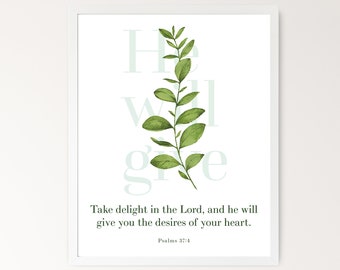 Psalm 37:4 Delight in the Lord Bijbelvers afdrukken - groen schrift kunst aan de muur - doopcadeau - christelijk interieur