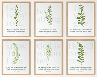 Psalm bundel set van 6 christelijke prints, schrift muur prints, botanische psalm Bijbelvers, bijbelse citaat posters aquarel groen