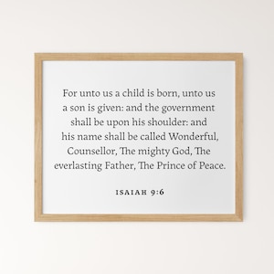 Pour nous, un enfant est né Tenture murale Art, Décor de l&#39;écriture chrétienne de Noël, Ésaïe 9:6 imprimable