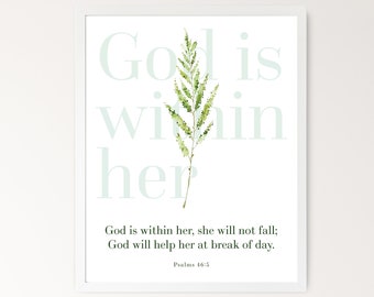 Psalm 46:5 afdrukbare bijbel vers kunst aan de muur, God is in haar ze zal niet vallen, salie groene kwekerij kunst, Christian Home decor