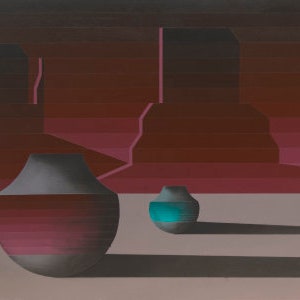 May include: Three blue and grey ceramic pots sit on a white surface in front of a red and grey abstract landscape.