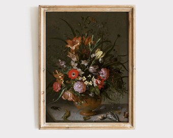 Dark Academia Antique Oil Painting Wall Art, Moody Floral Printable Wall Art, Dark Cottagecore Prints, Dark Flower Digital Prints, Moody Art