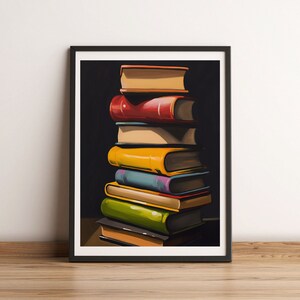 Book Wall Art, Stack of Books, Book Painting, Gift for Book Lovers, Bookish, Book Still Life, Living Room Art, Colorful, Digital Download,