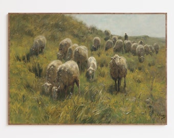 アンティーク羊の絵画：ヴィンテージ農家の風景画（デジタル印刷可能