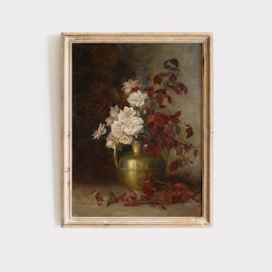 Moody Flower Painting, Dark Academia, Vintage Floral Wall Art, Antique Art Print, Farmhouse Wall Art, Moody Botanical Oil Painting