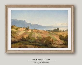 Landscape oil print, Country Landscape, Rustic Art, Farmhouse wall décor, vintage lake print, Neutral, Farm Landscape, French Country Art,