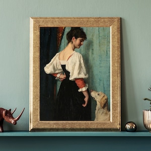 Portrait of a young Woman with the Dog Print, Vintage  Antique Portrait, Antique Portrait Painting, Moody Vintage Portrait, 19th-century Art