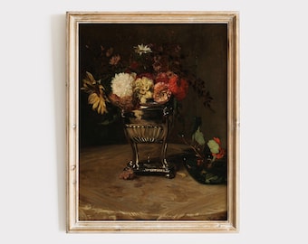 Moody Vintage Flower Print,  Dark Floral Still Life Painting, Dark Academia Antique Oil Painting Wall Art, Moody Floral, Dark Cottagecore,