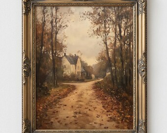 Pintura rústica de camino de pueblo otoñal: arte paisajístico otoñal terroso, escena campestre estilo cottagecore, decoración de pared imprimible, impresión al óleo vintage 30