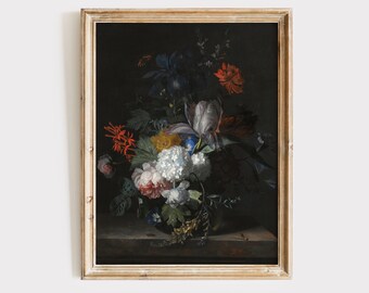Moody Dark Academia Vintage Flower Print, dark floral wall art, Dark Cottagecore, Moody Floral Printable Wall Art, Still Life Oil Painting
