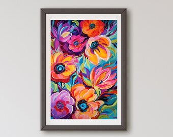 Art floral éclectique, imprimés floraux aux couleurs vives, téléchargement numérique, peinture abstraite de fleurs colorées modernes, décoration d'intérieur, décoration de chambre à coucher, salon