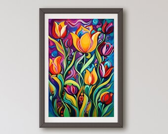 Art floral éclectique, impressions florales lumineuses, téléchargement numérique, peinture abstraite de fleurs colorées modernes, décoration d'intérieur, décoration murale de chambre à coucher