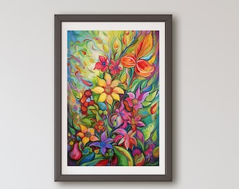 Art coloré de fleurs sauvages, aquarelles de fleurs, impressions florales lumineuses, téléchargement numérique, peinture abstraite moderne de fleurs colorées, décoration de chambre à coucher