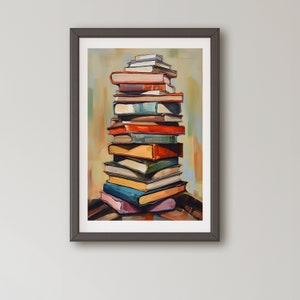 Book Wall Art, Stack of Books, Book Painting, Gift for book Lovers, Bookish Art, Book Still Life, Living Room, Colorful, Digital Download