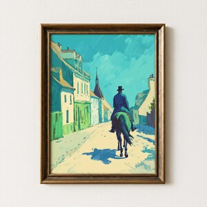 Colorful Horse Rider Scene - Historic Town Street Painting, Antique Spring Setting, Printable Digital Art, Blue And Green Palette 183
