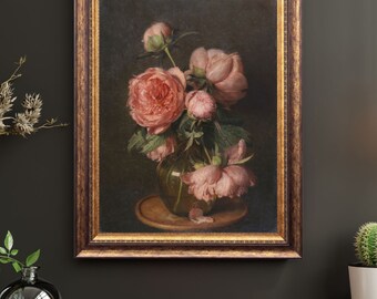 Stimmungsvolle Blumenmalerei, dunkle Academia, Vintage Blumen Wandkunst, antike Kunstdruck, Bauernhaus Wandkunst, Stimmungsvolles botanisches Ölgemälde