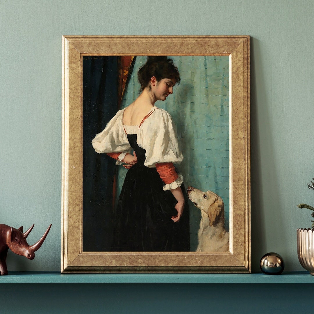 Portrait of a Young Woman With the Dog Print, Vintage Antique Portrait ...