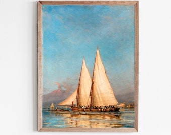 Vintage Segelboot Kunstdruck, Antike nautische Malerei, Naturfarben Druck, Küstenwandkunst, Nautische Dekoration, digitaler Download