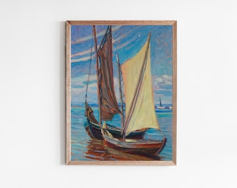 Vintage Segelboot Kunstdruck, antike nautische Malerei, natürliche Farben Druck, Küsten Wandkunst, nautisches Dekor, digitaler Download