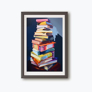 Book Wall Art, Stack of Books, Book Painting, Gift Book Lovers, Bookish Art, Book Still Life, Living Room Art, Colorful , Digital Download,