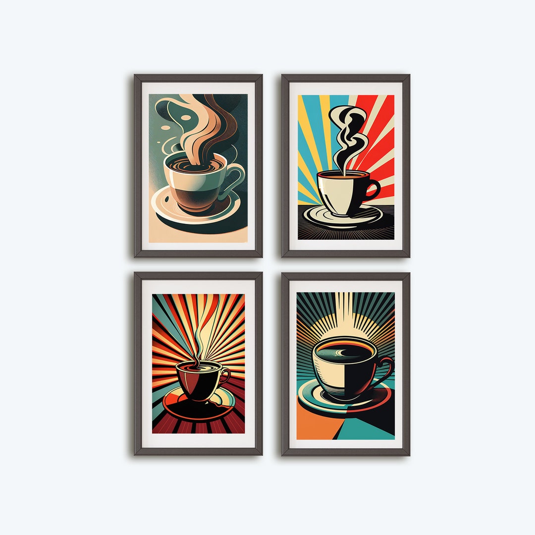 Set of 4 Colorful Coffee Wall Art, Retro Pop Art, Coffee Shop, Coffee