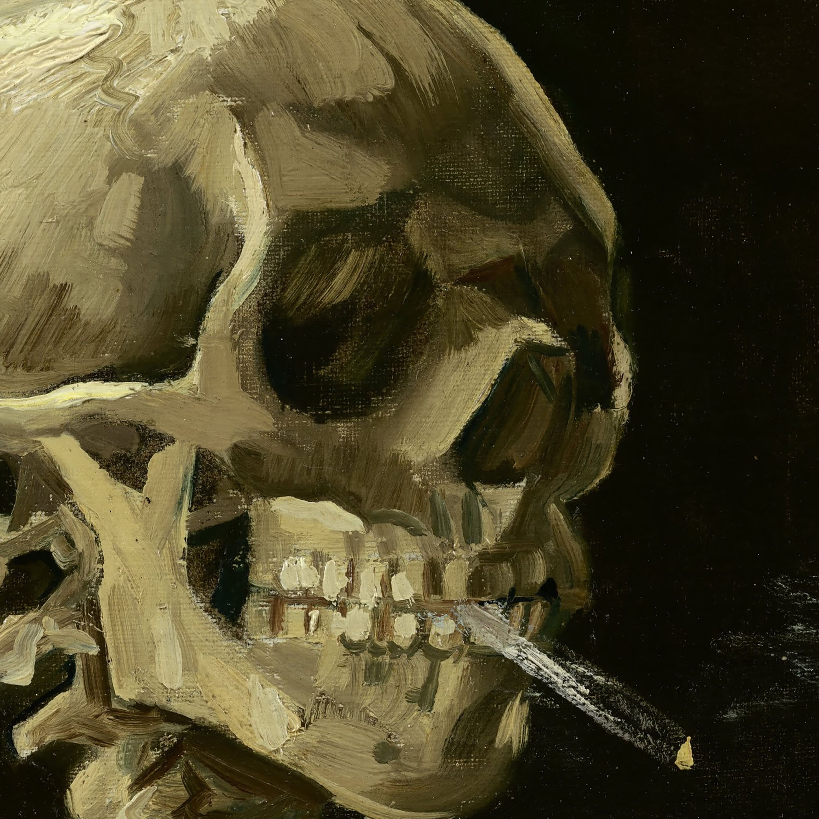 vincent van gogh's painting of a skull with a burning cigarette