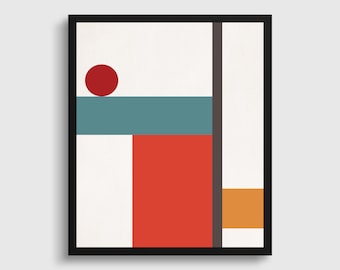 Résumé Geometric Art Print, Mid Century, Colorful Abstract Decor, Instant Download Art, Imprimable, Shape Art, Red and Orange Decor,