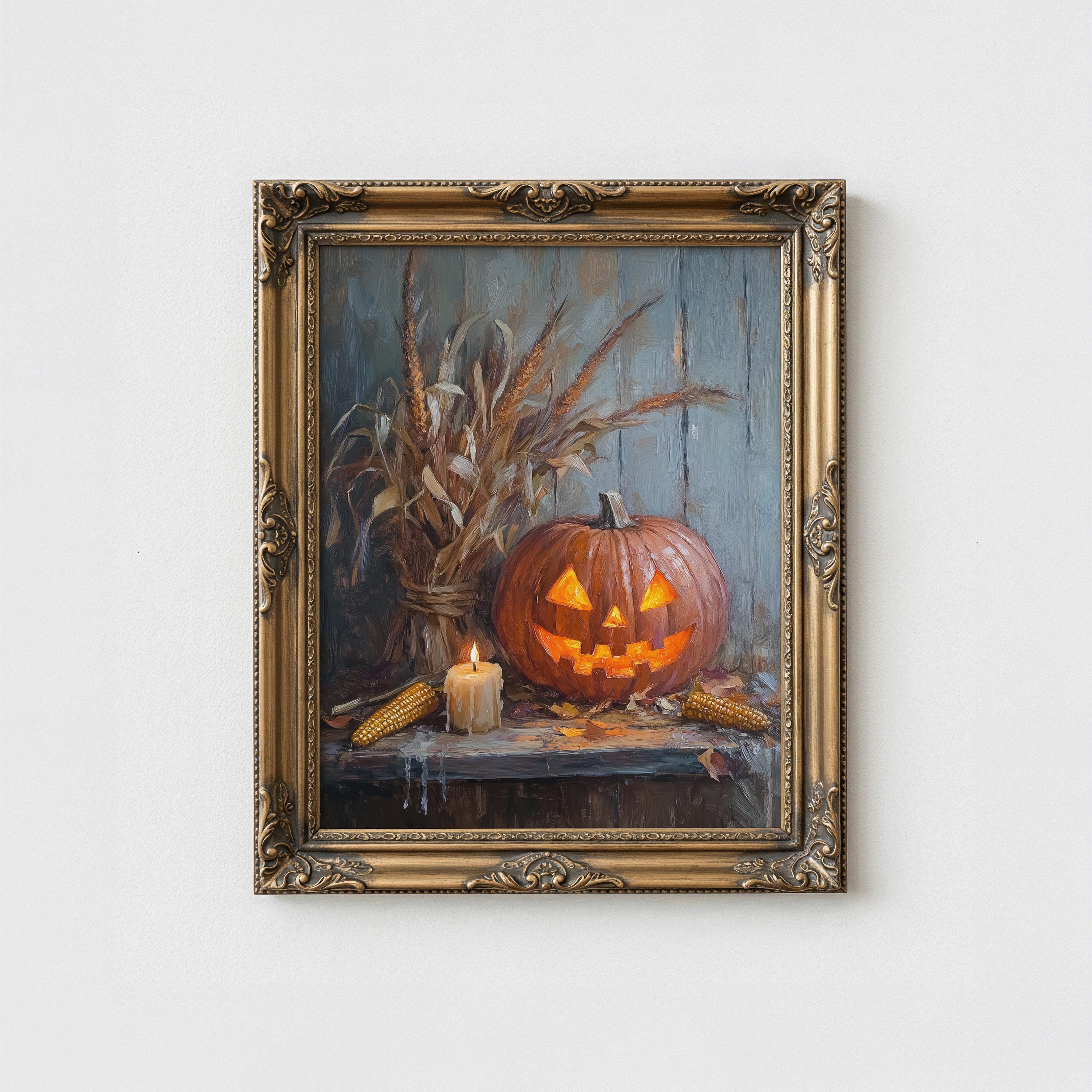 素朴なハロウィンかぼちゃの静物画 - 印刷可能な秋のウォールアート