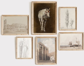 Neutrales Galerie-Wandset, Vintage-Galeriewandset mit 6 Drucken, Vintage-Ölgemälde, Römisches Kolosseum, antikes Galerie-Wandkunstset, Antiquität