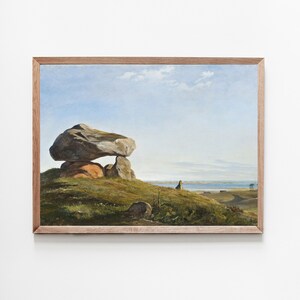 Vintage Landscape Painting of Rock, Mountain Wall Art, Earthy Tones, Neutral Colors, Rustic Farmhouse Decor