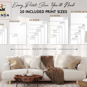 K&ouml;nnte beinhalten: Bild mit verschiedenen Druckgr&ouml;&szlig;en, darunter 28x36 cm, 60x91 cm und A1-A4 Formate. Der Text "Every Print Size You'll Need" und "20 INCLUDED PRINT SIZES" sind zu sehen. Ein Sofa ist 228cm breit.