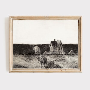 Vintage Sketch Art Print, Antique Black and White Print, Farmhosue Decor, Rustic Art, Neutral Colors, Landscape Drawing, Scenery Drawing