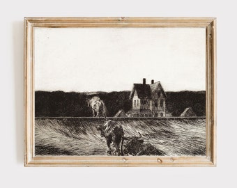 Vintage Sketch Art Print, Antique Black and White Print, Farmhosue Decor, Rustic Art, Neutral Colors, Landscape Drawing, Scenery Drawing