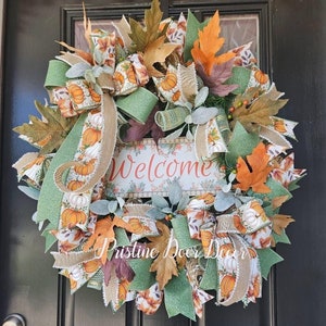 Welcome Fall Wreath for Front Door | Pumpkin Autumn Wreath with Leaves | Farmhouse Thanksgiving Door Decor | Rustic Porch Wreath