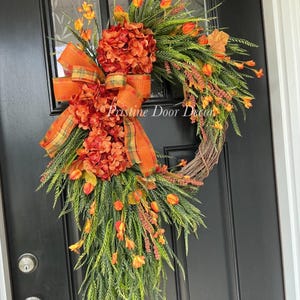 Fall Wreath for Front Door with Orange Hydrangeas, Black and White Bow, Tulips & Greenery | Autumn Grapevine Wreath | Farmhouse Decor