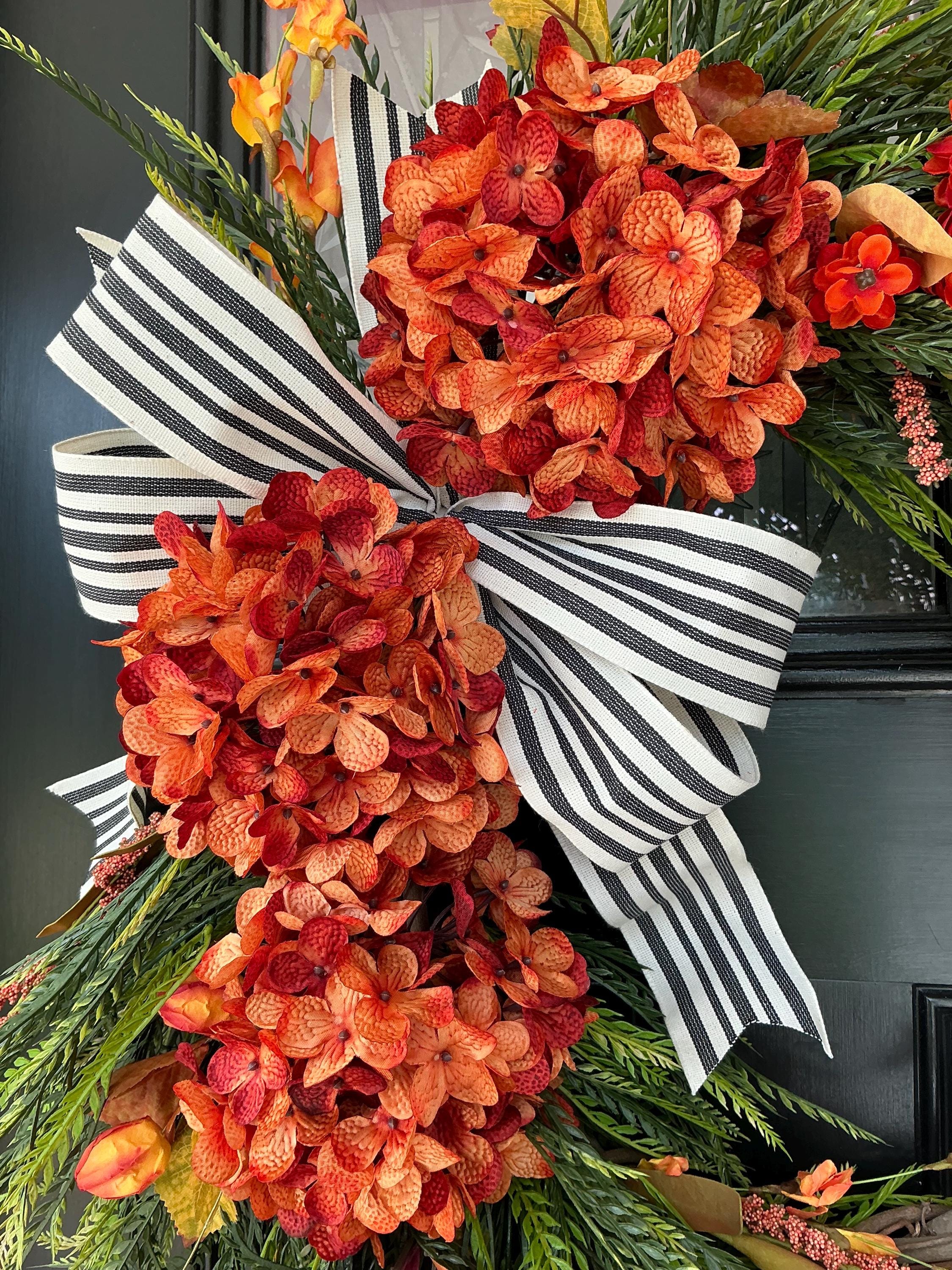 Fall Wreath for Front Door With Orange Hydrangeas, Black and White Bow ...