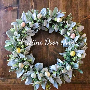 Easter Wreath for Front Door, Easter Egg Wreath, Spring Wreath with Lambs Ear and Eucalyptus, Farmhouse Wreath, Easter Decor