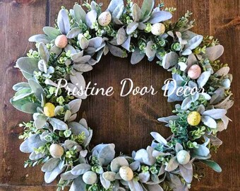 Easter Wreath for Front Door, Easter Egg Wreath, Spring Wreath with Lambs Ear and Eucalyptus, Farmhouse Wreath, Easter Decor