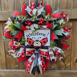 Welcome Ladybug Wreath, Ladybug Wreath decor, Ladybug Wreath, Ladybug decor, summer wreath for front door, red and black wreath